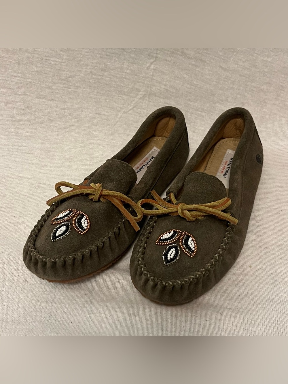 Manitobah Tolani Dark Olive Green Suede Beaded Moccasin Loafers